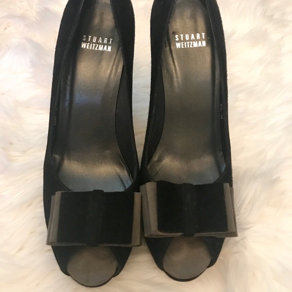 Stuart Weitzman Suede Bow Peep-Toe Heels - Picture 2 of 3
